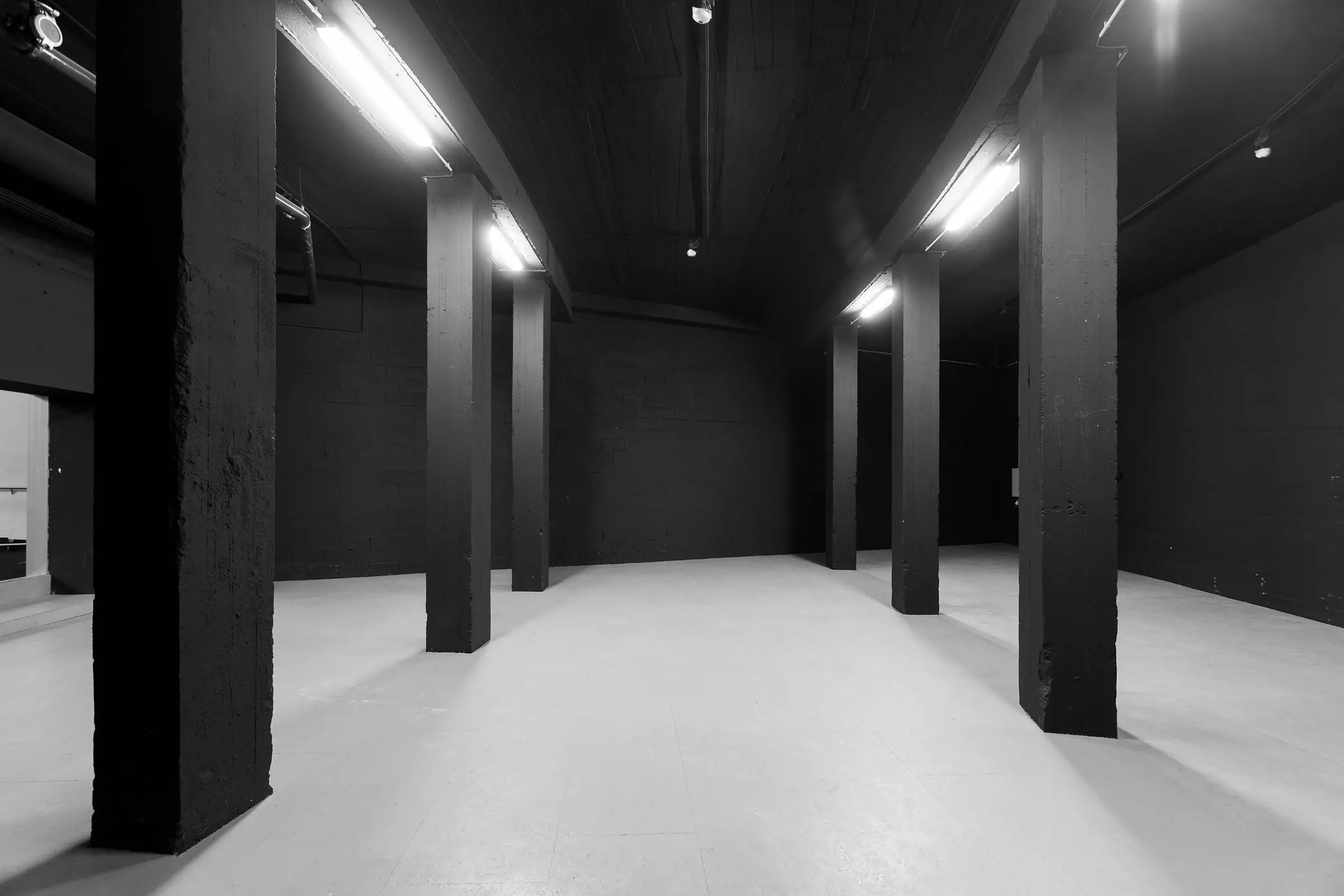 Empty black-and-white industrial hall with square pillars, pale floor, and ceiling strip lights.