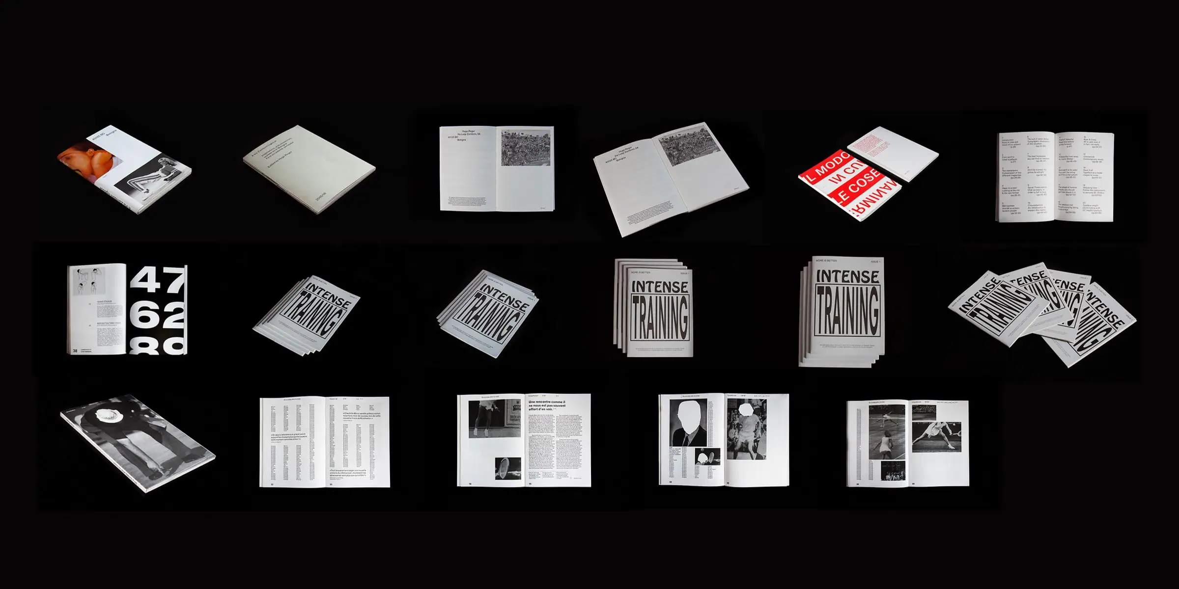 Grid of open and closed books and zines arranged in rows on a black background.