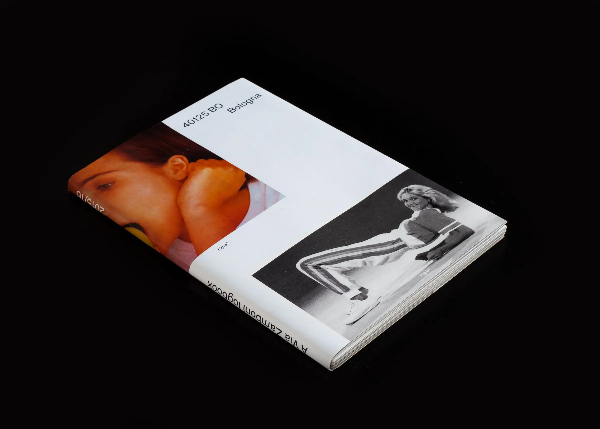 White softcover book “A Via Zamboni logbook” angled on a black background.
