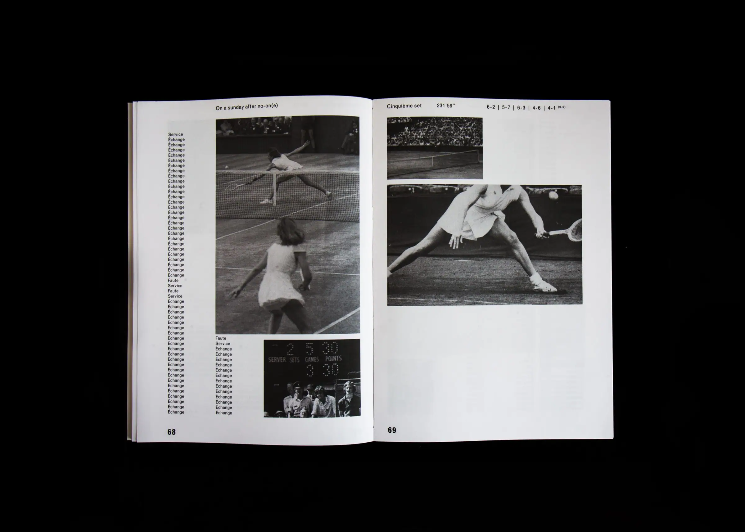 Open book on black background showing tennis photo spreads with French text pages.